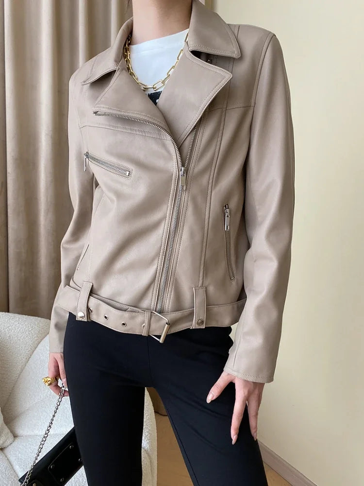Zoe - Cropped Women’s Faux Leather Motorcycle Jacket with Belt