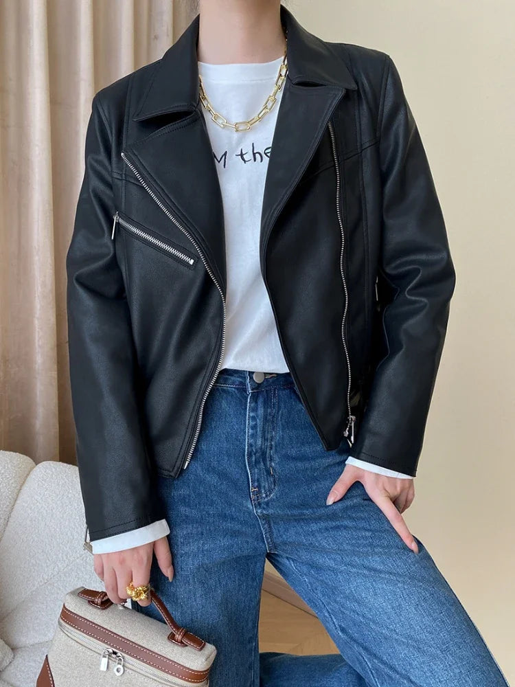 Zoe - Cropped Women’s Faux Leather Motorcycle Jacket with Belt