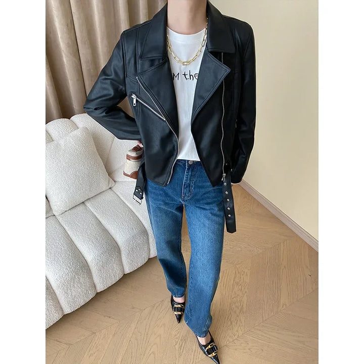 Zoe - Cropped Women’s Faux Leather Motorcycle Jacket with Belt