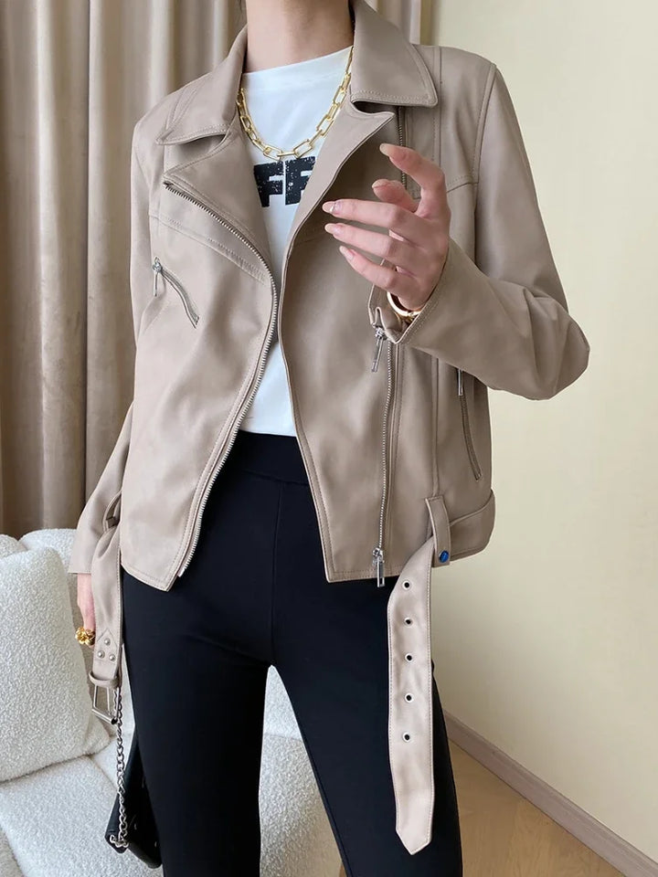 Zoe - Cropped Women’s Faux Leather Motorcycle Jacket with Belt