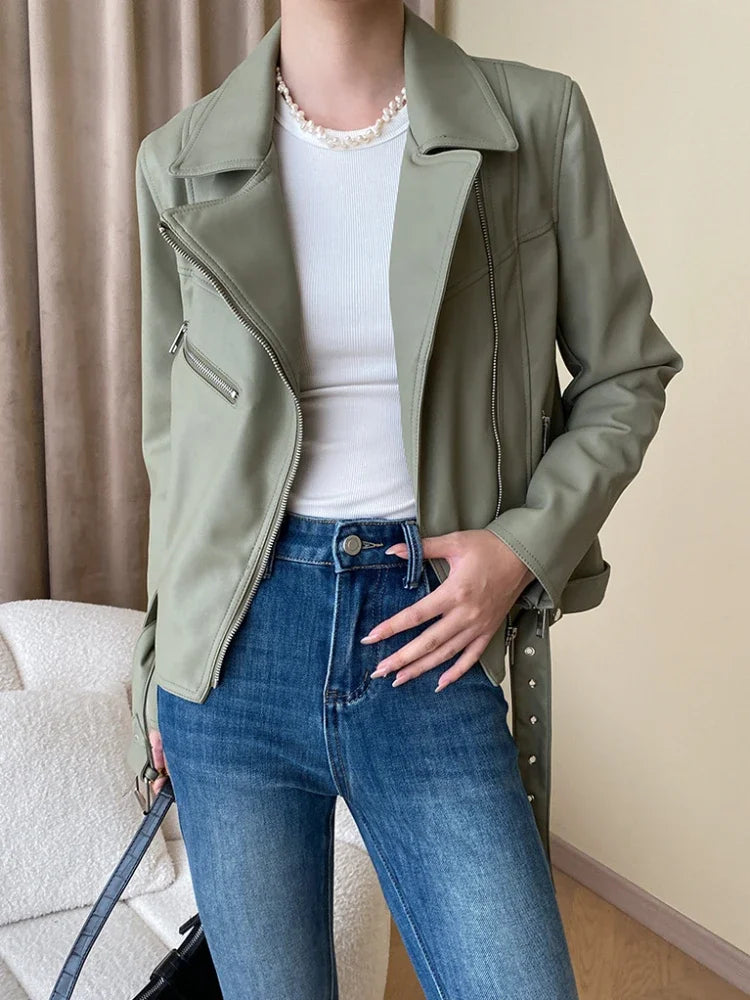 Zoe - Cropped Women’s Faux Leather Motorcycle Jacket with Belt
