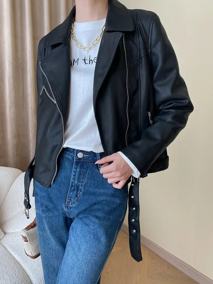 Zoe - Cropped Women’s Faux Leather Motorcycle Jacket with Belt