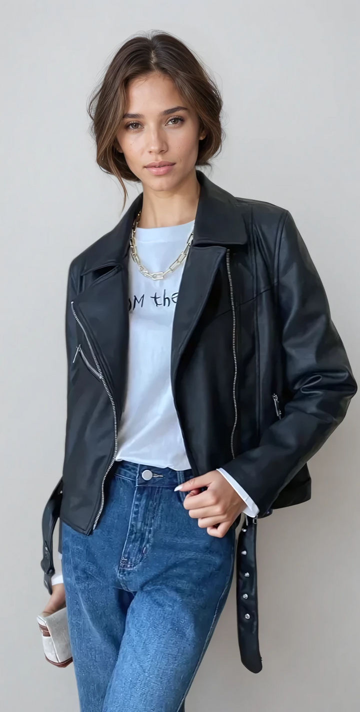 Zoe - Cropped Women’s Faux Leather Motorcycle Jacket with Belt